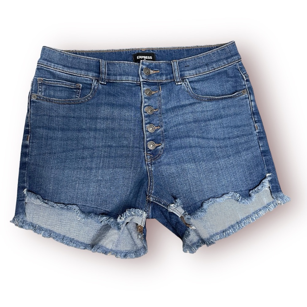 Express Denim High Rise Shortie Shorts Blue Frayed size 10